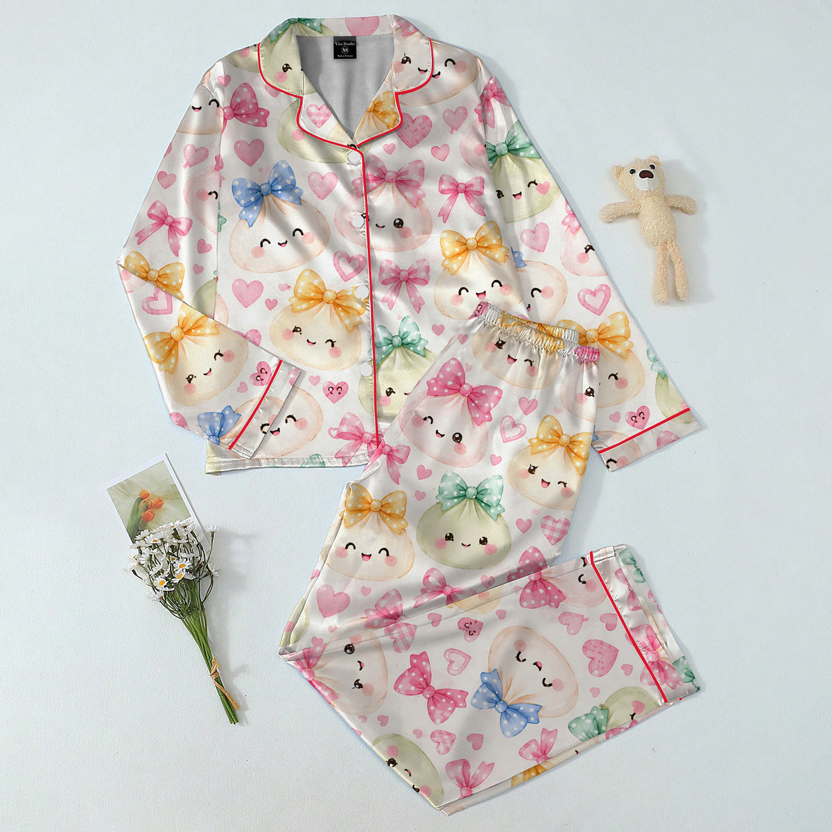 Cute Dumpling Bow and Heart Print Long Sleeve Pajama Set