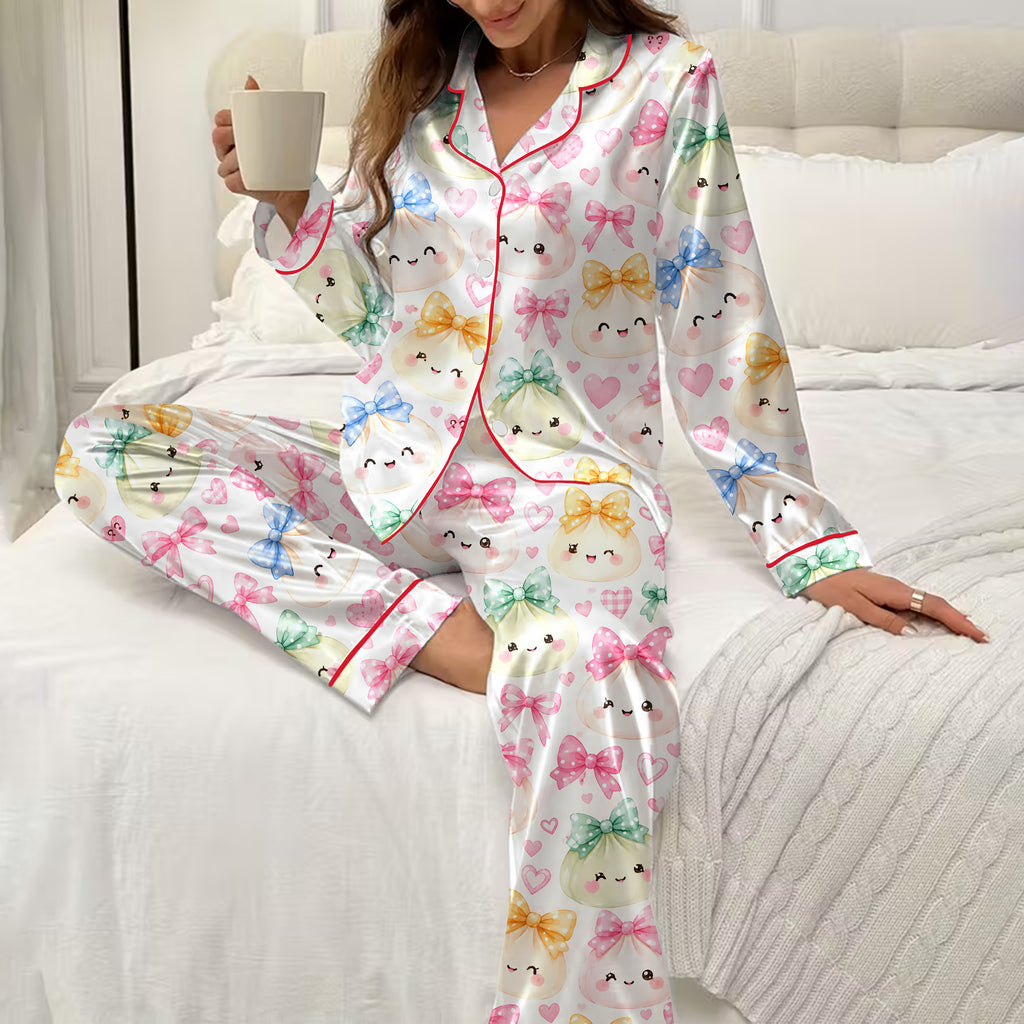 Cute Dumpling Bow and Heart Print Long Sleeve Pajama Set