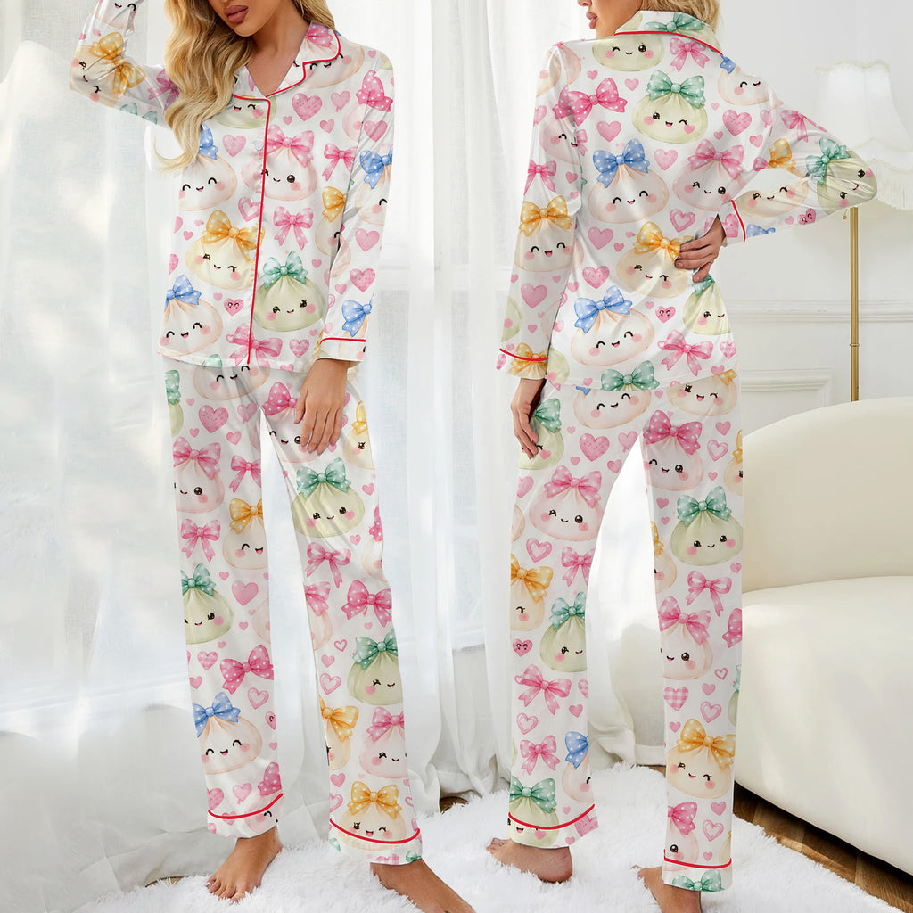 Cute Dumpling Bow and Heart Print Long Sleeve Pajama Set