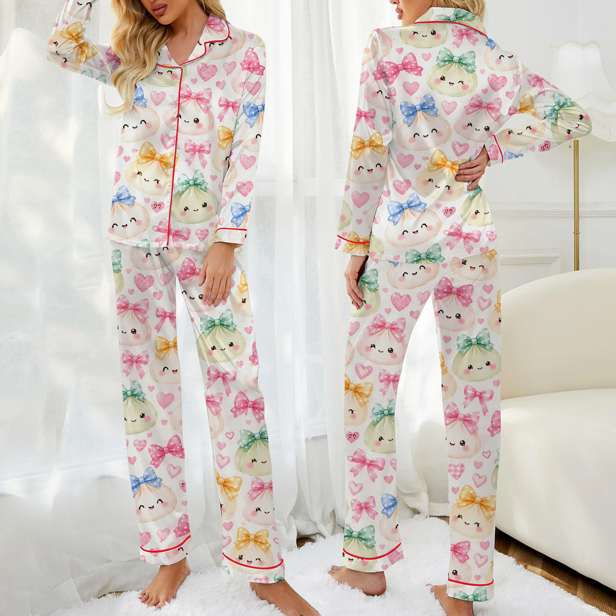 Cute Dumpling Bow and Heart Print Long Sleeve Pajama Set