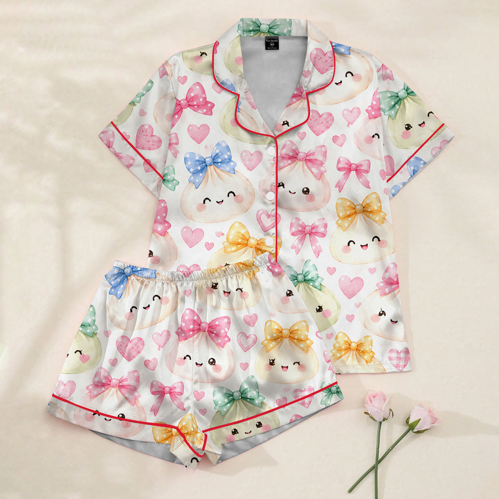 Cute Dumpling Bow and Heart Print Short Sleeve Pajama Set