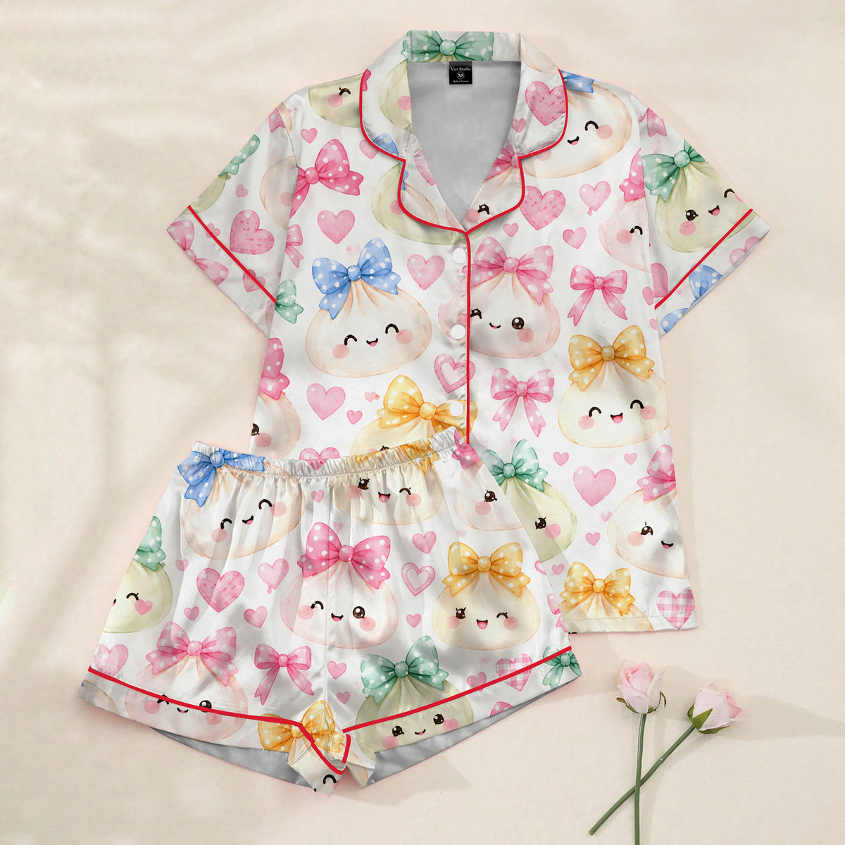 Cute Dumpling Bow and Heart Print Short Sleeve Pajama Set