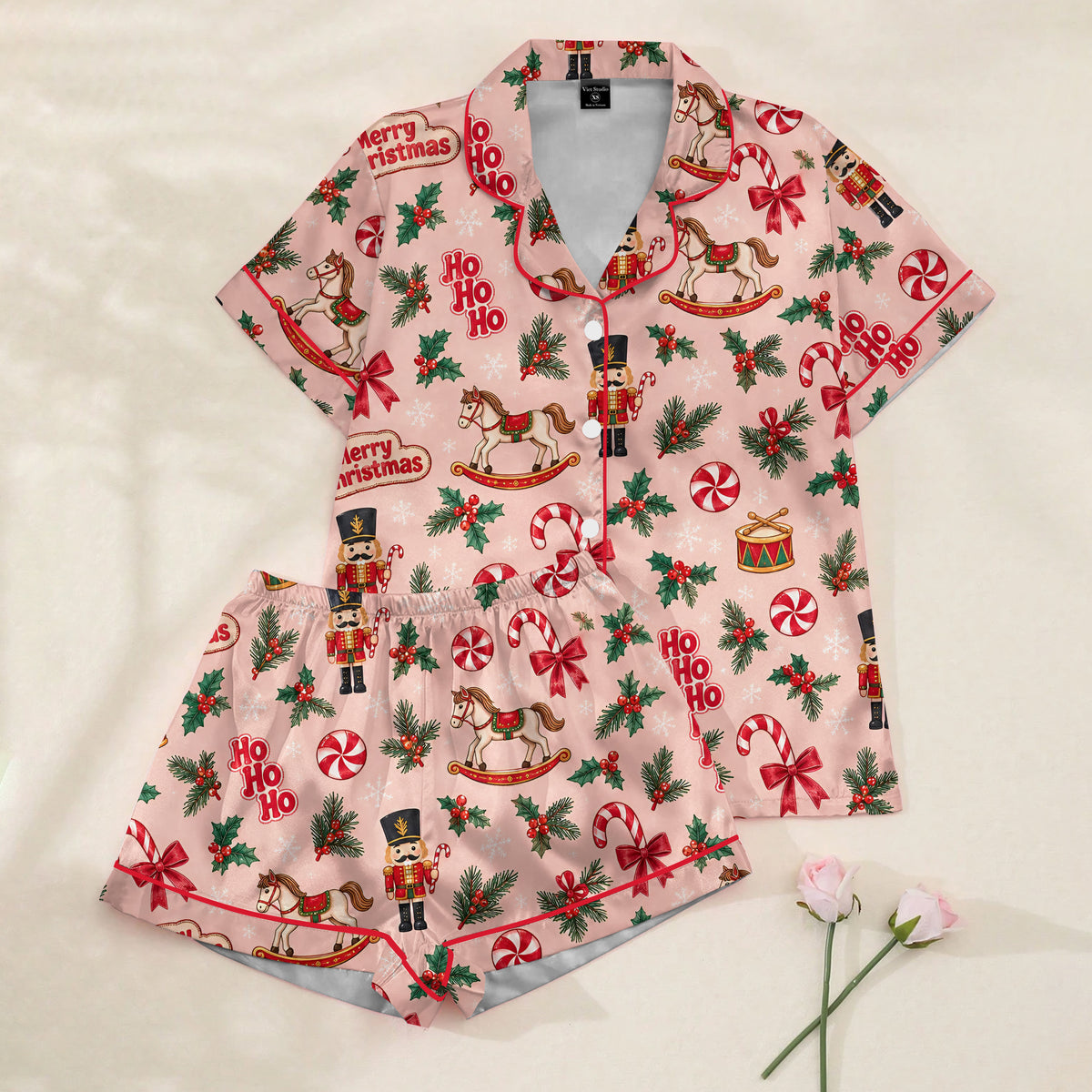 Christmas Nutcracker and Rocking Horse Print Short Sleeve Pajama Set