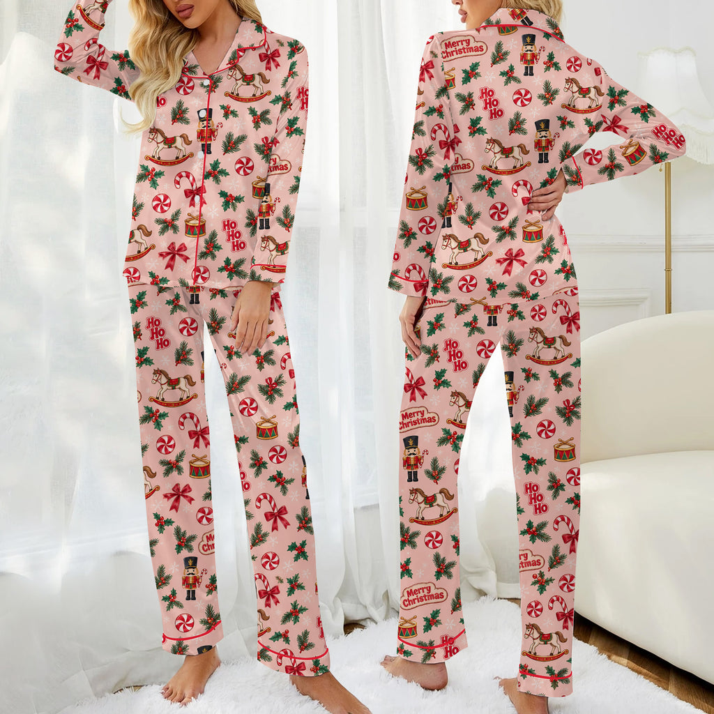 Christmas Nutcracker and Rocking Horse Print Long Sleeve Pajama Set