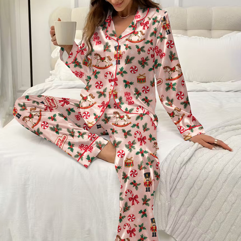 Christmas Nutcracker and Rocking Horse Print Long Sleeve Pajama Set