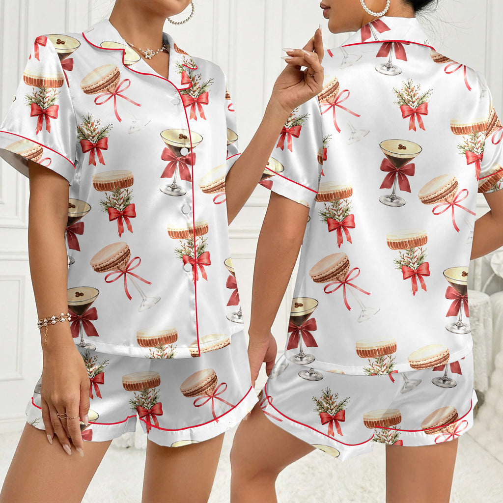 Espresso Martini & Macaron Christmas Satin Pajama Set