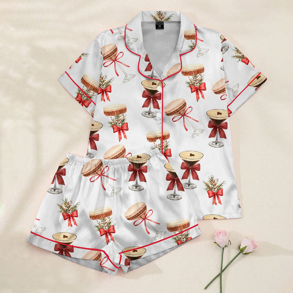 Espresso Martini & Macaron Christmas Satin Pajama Set