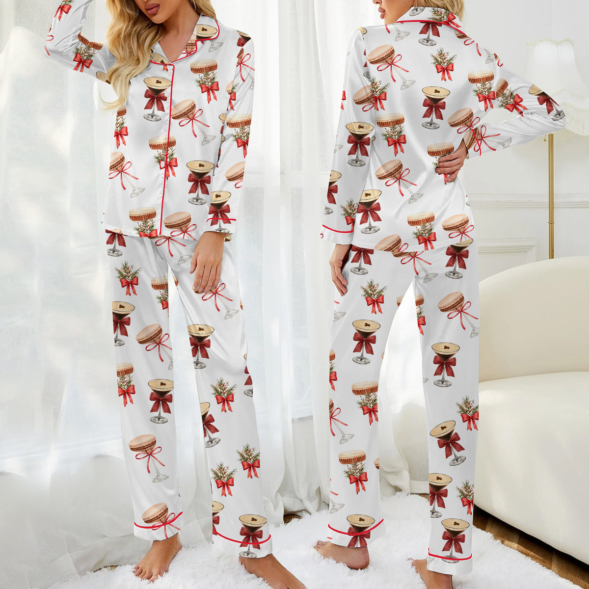 Espresso Martini & Macaron Christmas Satin Pajama Set