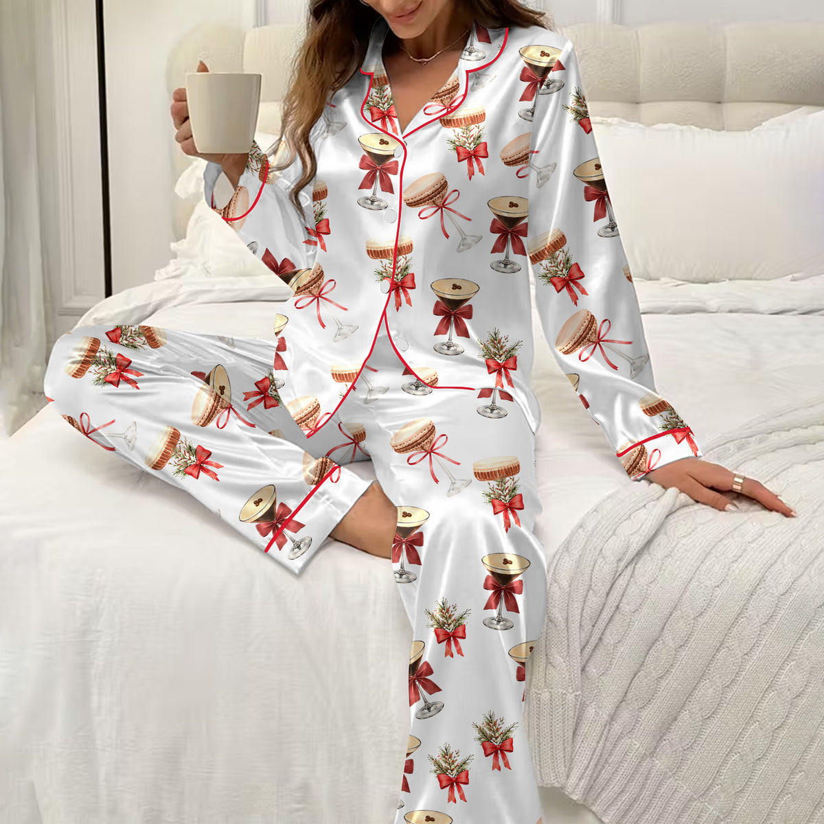 Espresso Martini & Macaron Christmas Satin Pajama Set