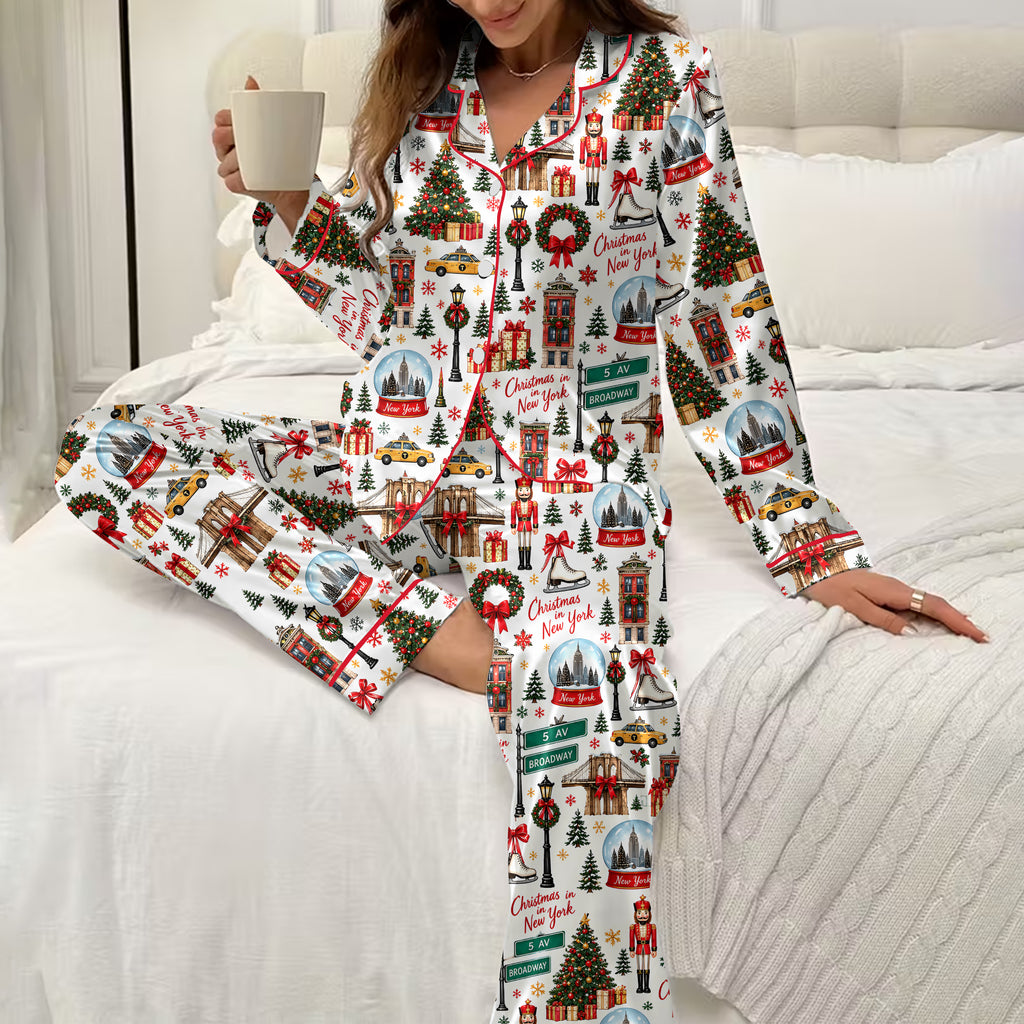New York Christmas City Pattern Long Satin Pajama Set