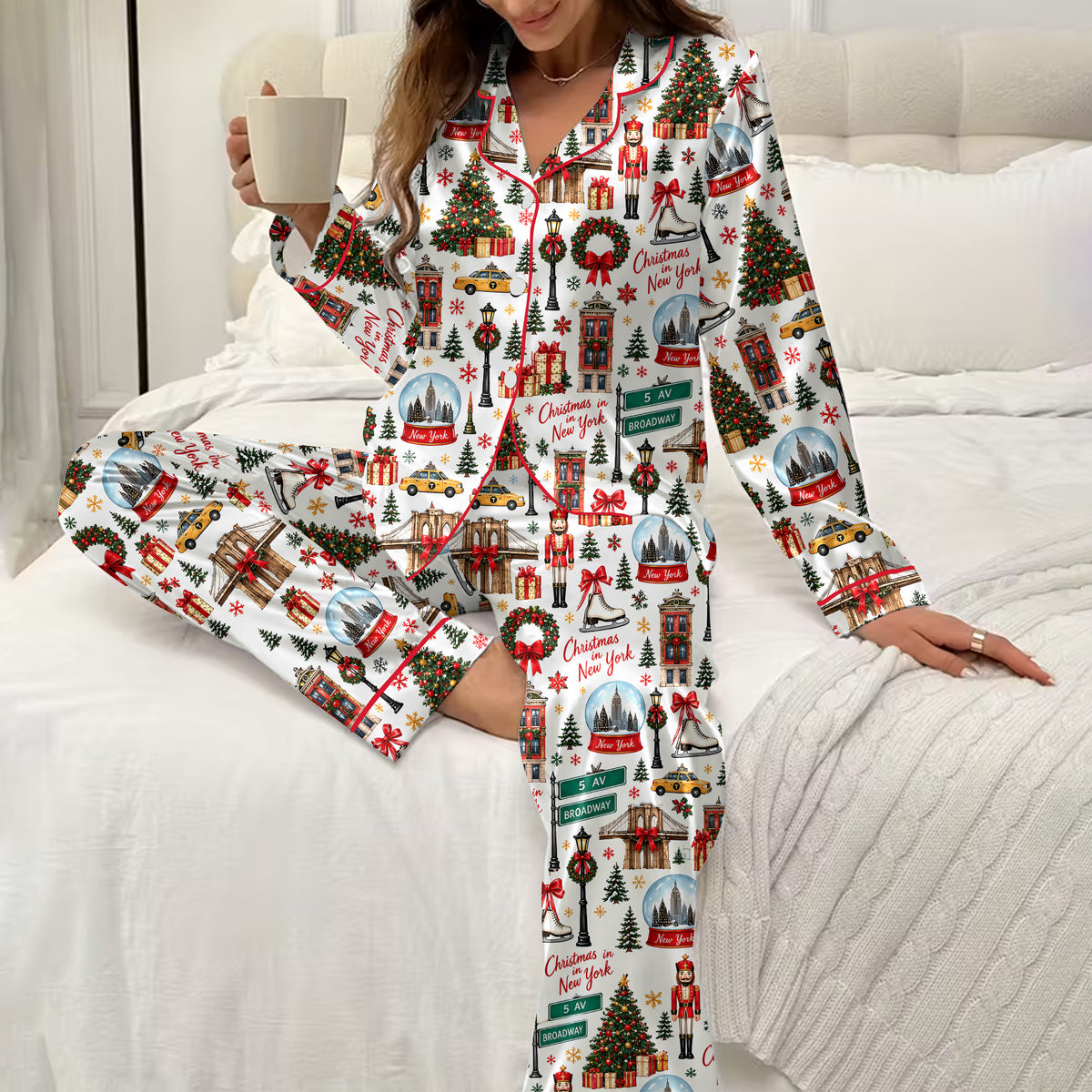 New York Christmas City Pattern Long Satin Pajama Set