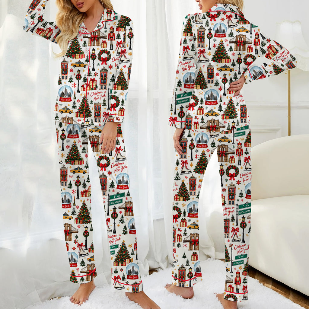 New York Christmas City Pattern Long Satin Pajama Set