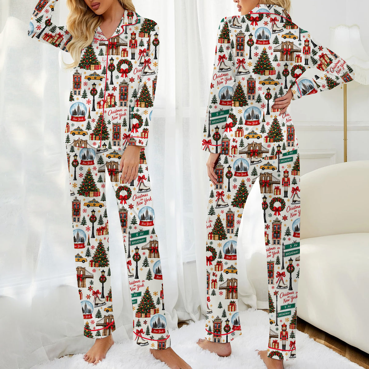 New York Christmas City Pattern Long Satin Pajama Set