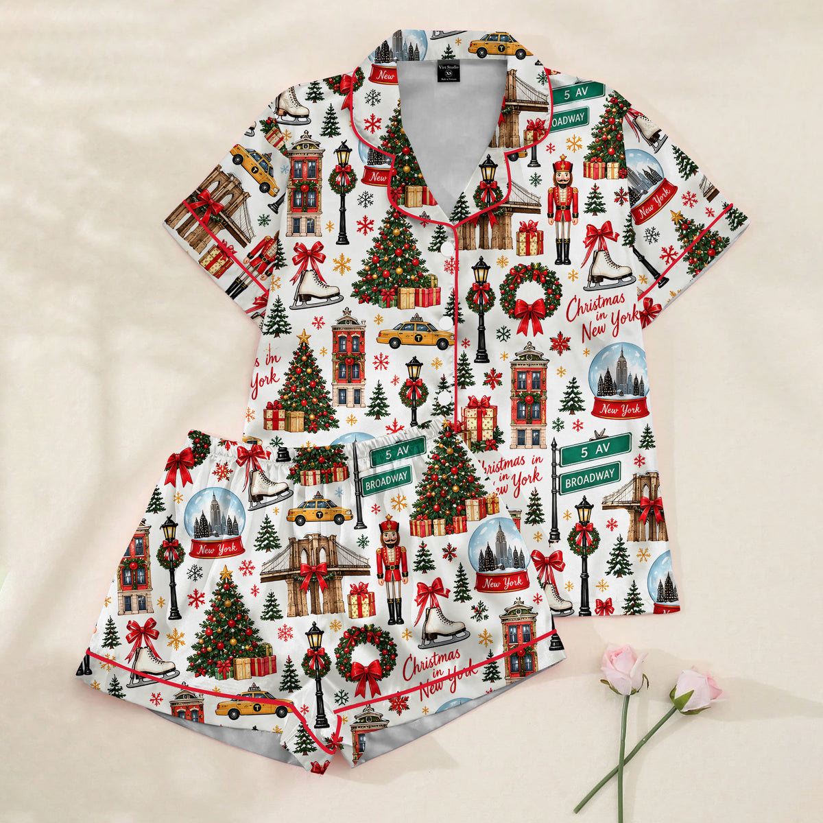 New York Christmas City Pattern Satin Pajama Set