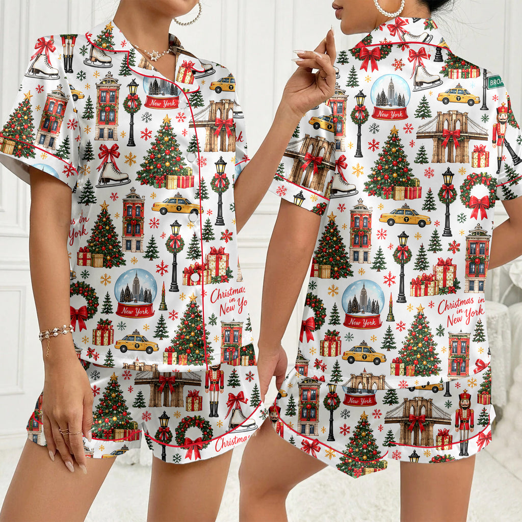 New York Christmas City Pattern Satin Pajama Set