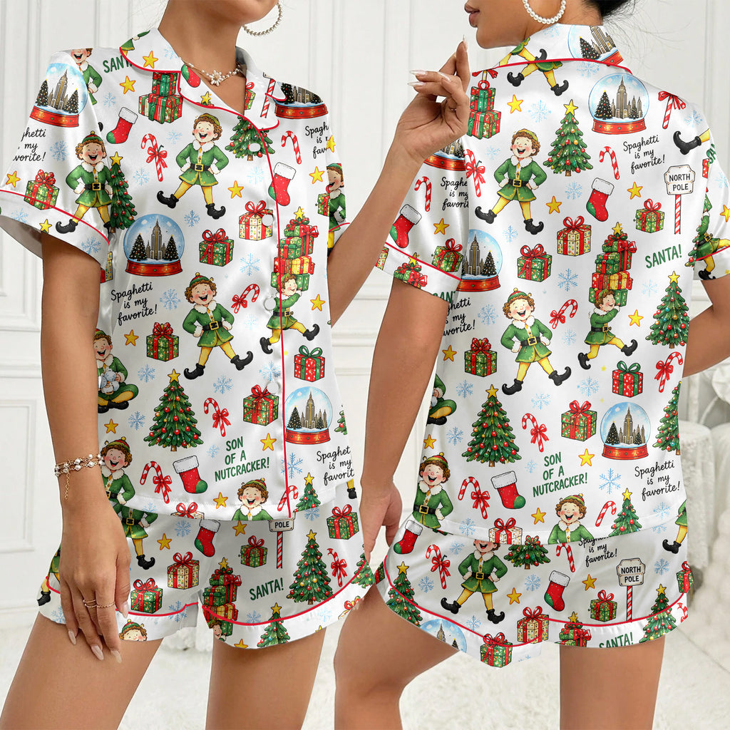 Christmas Elf & North Pole Pattern Satin Pajama Set