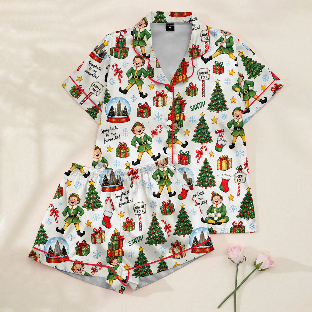 Christmas Elf & North Pole Pattern Satin Pajama Set