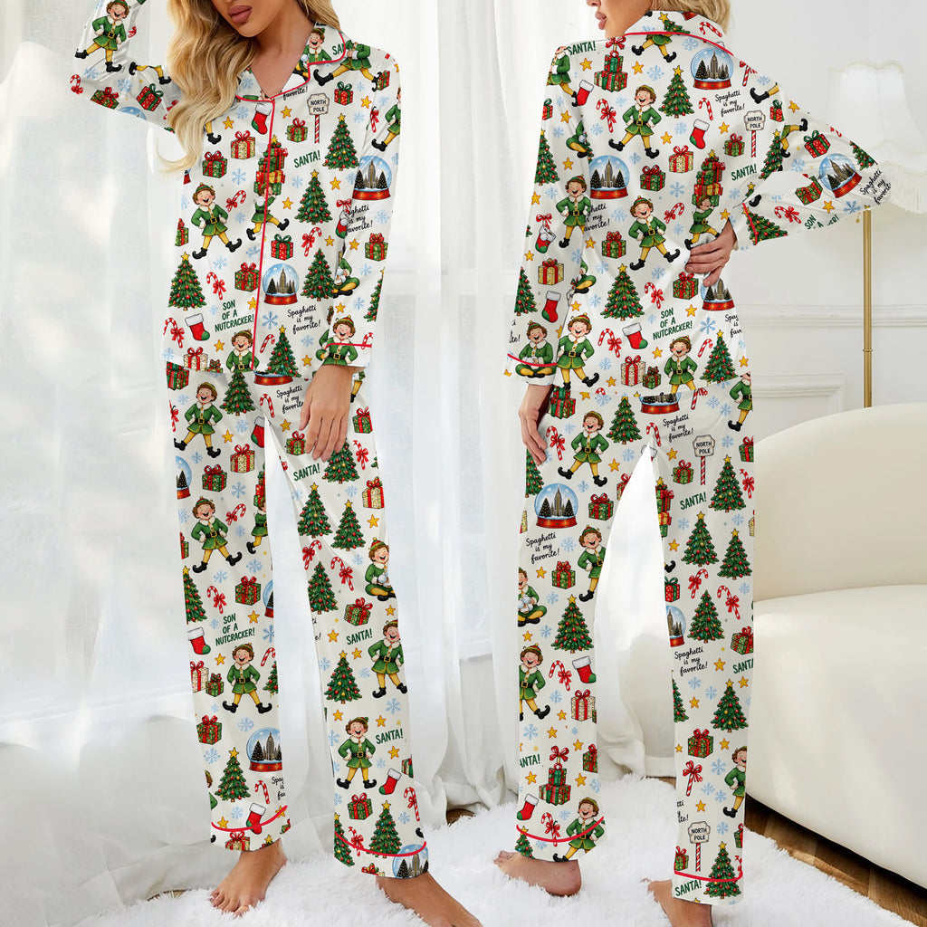 Christmas Elf & North Pole Pattern Long Satin Pajama Set