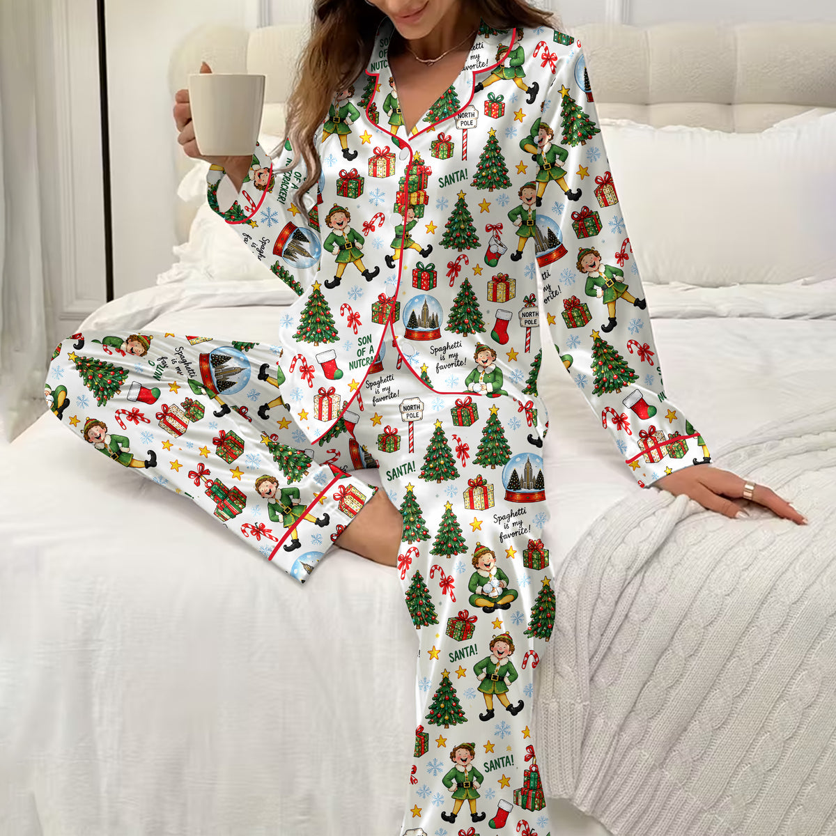 Christmas Elf & North Pole Pattern Long Satin Pajama Set