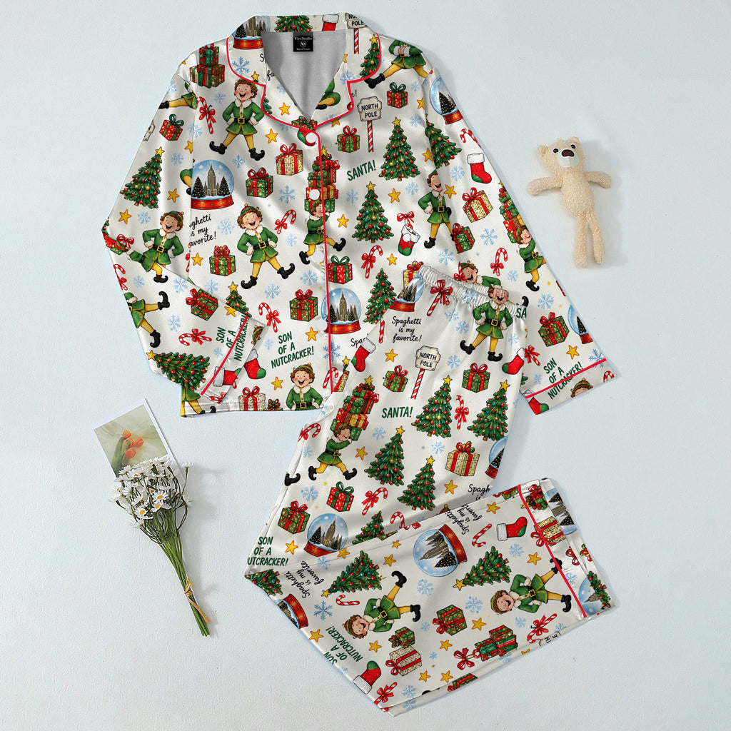 Christmas Elf & North Pole Pattern Long Satin Pajama Set