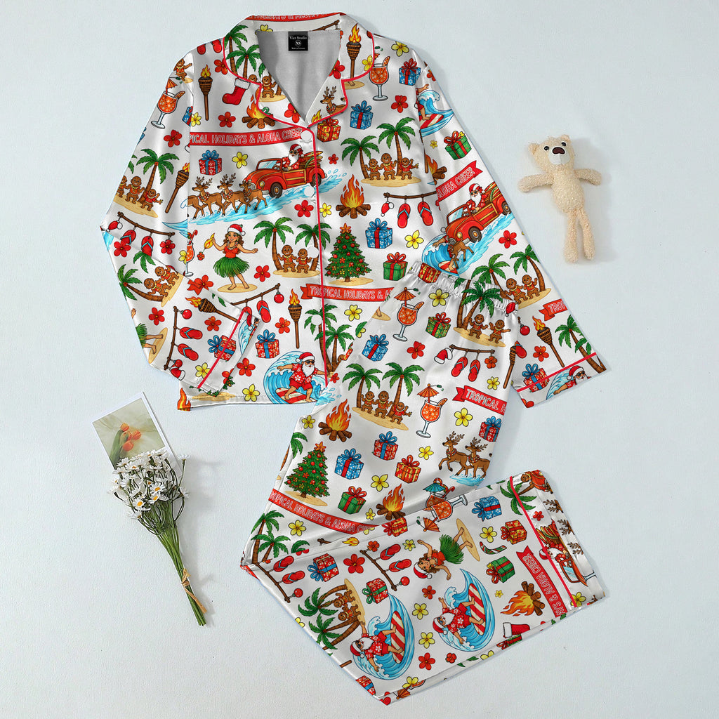 Tropical Christmas Surfing Santa and Hula Print Long Sleeve Pajama Set