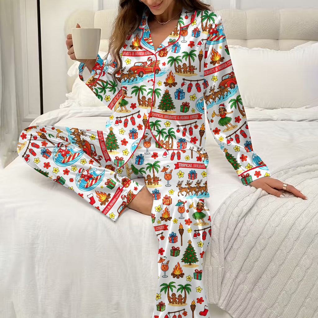 Tropical Christmas Surfing Santa and Hula Print Long Sleeve Pajama Set