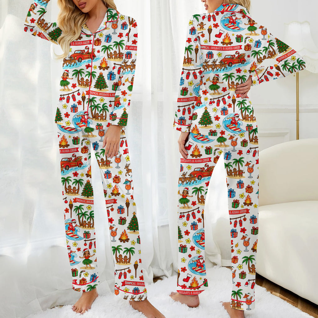 Tropical Christmas Surfing Santa and Hula Print Long Sleeve Pajama Set