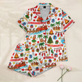 Tropical Christmas Surfing Santa and Hula Print Short Sleeve Pajama Set