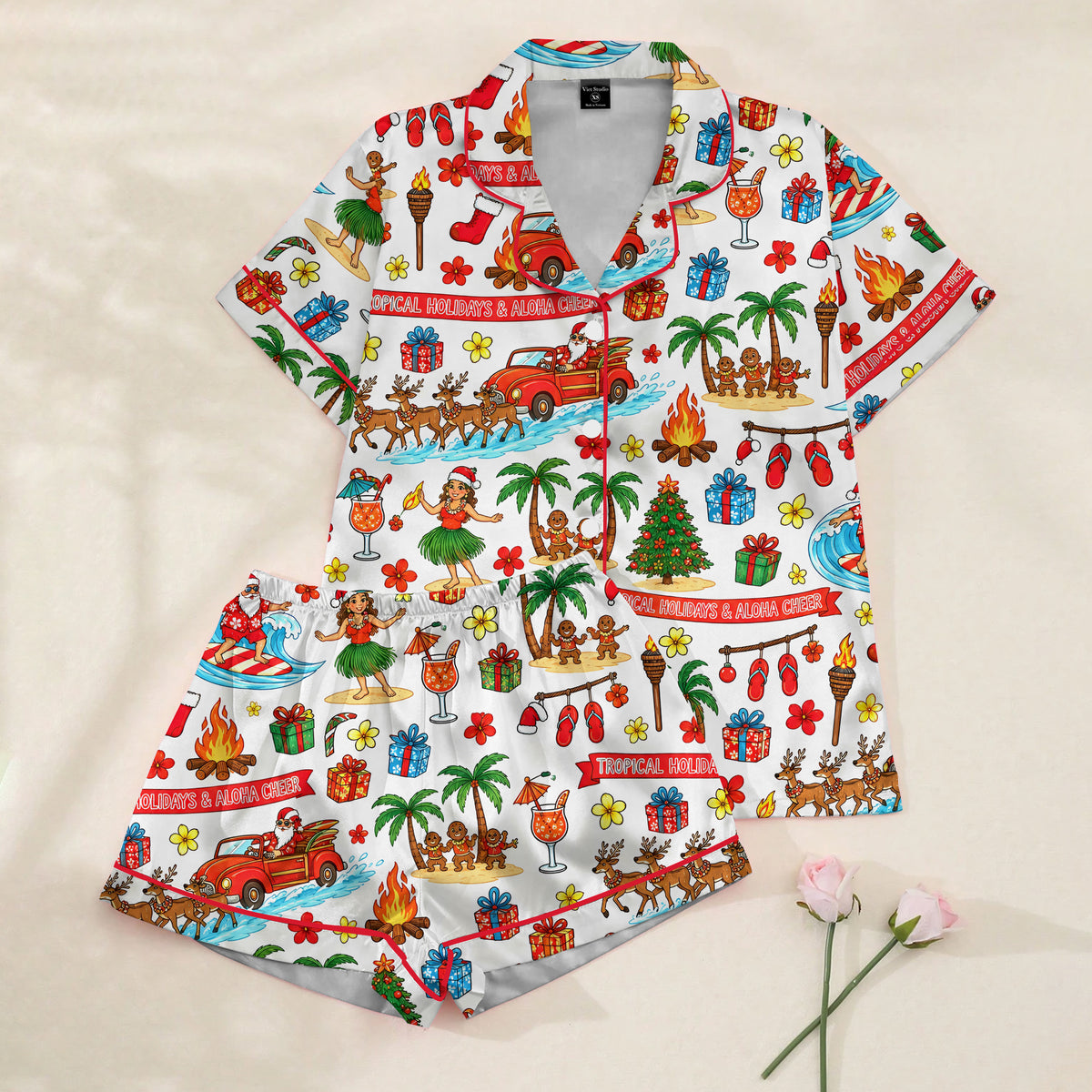 Tropical Christmas Surfing Santa and Hula Print Short Sleeve Pajama Set