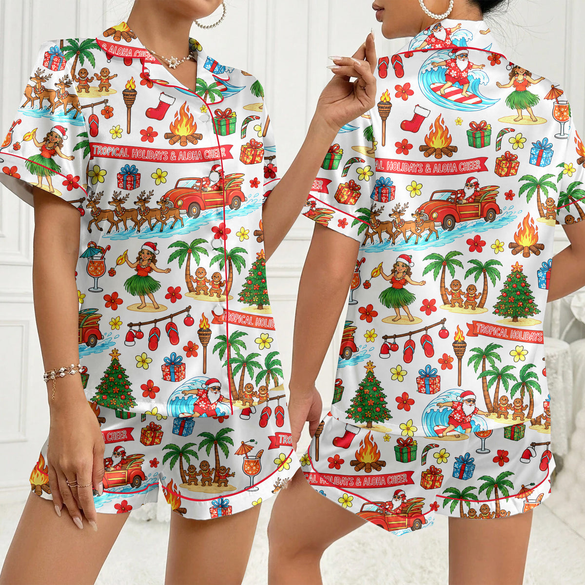 Tropical Christmas Surfing Santa and Hula Print Short Sleeve Pajama Set