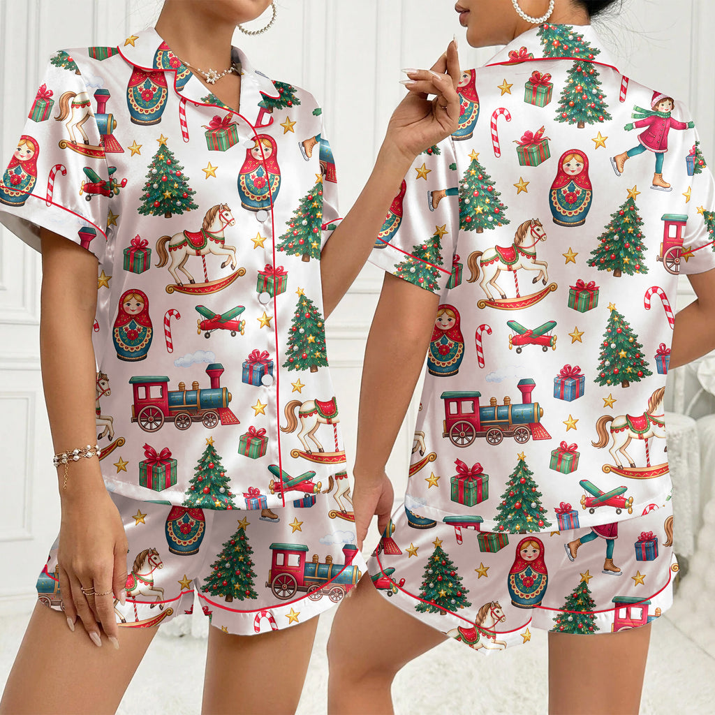 Christmas Toy Train Rocking Horse and Nesting Doll Print Short Sleeve Pajama Set