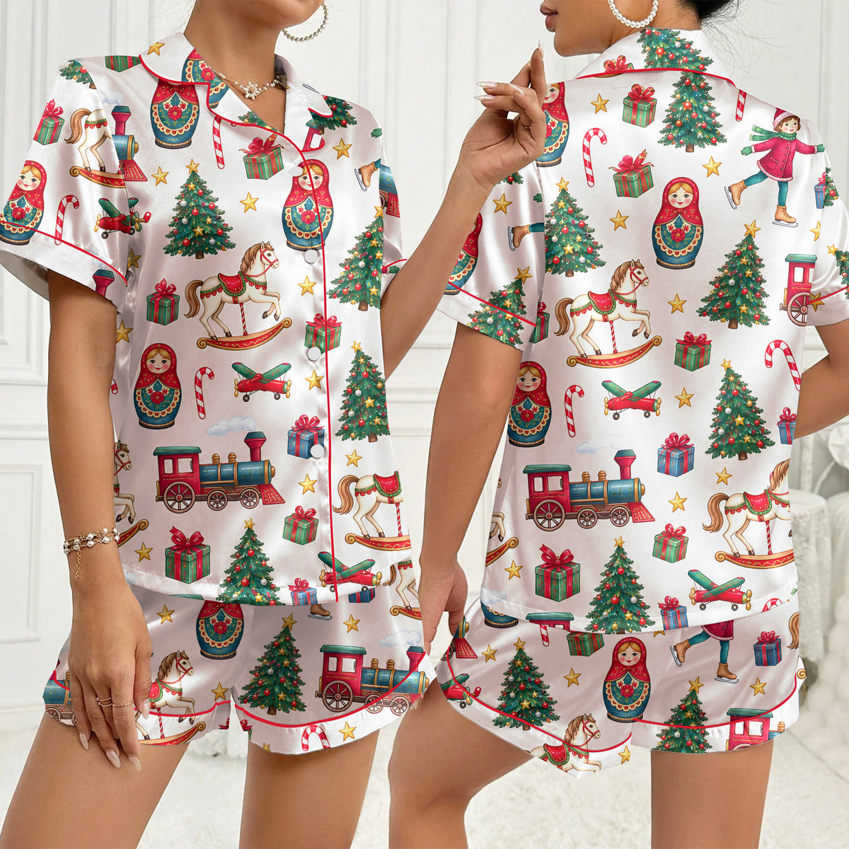 Christmas Toy Train Rocking Horse and Nesting Doll Print Short Sleeve Pajama Set