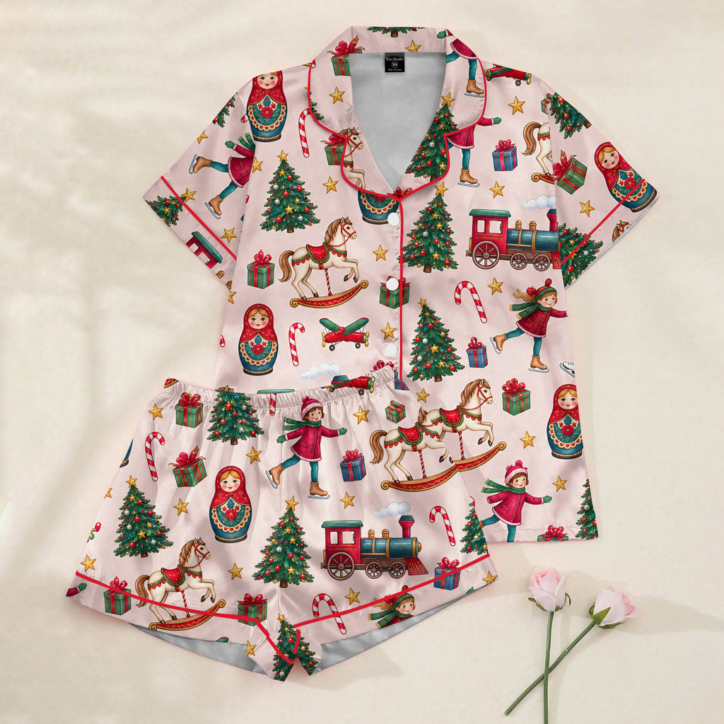 Christmas Toy Train Rocking Horse and Nesting Doll Print Short Sleeve Pajama Set