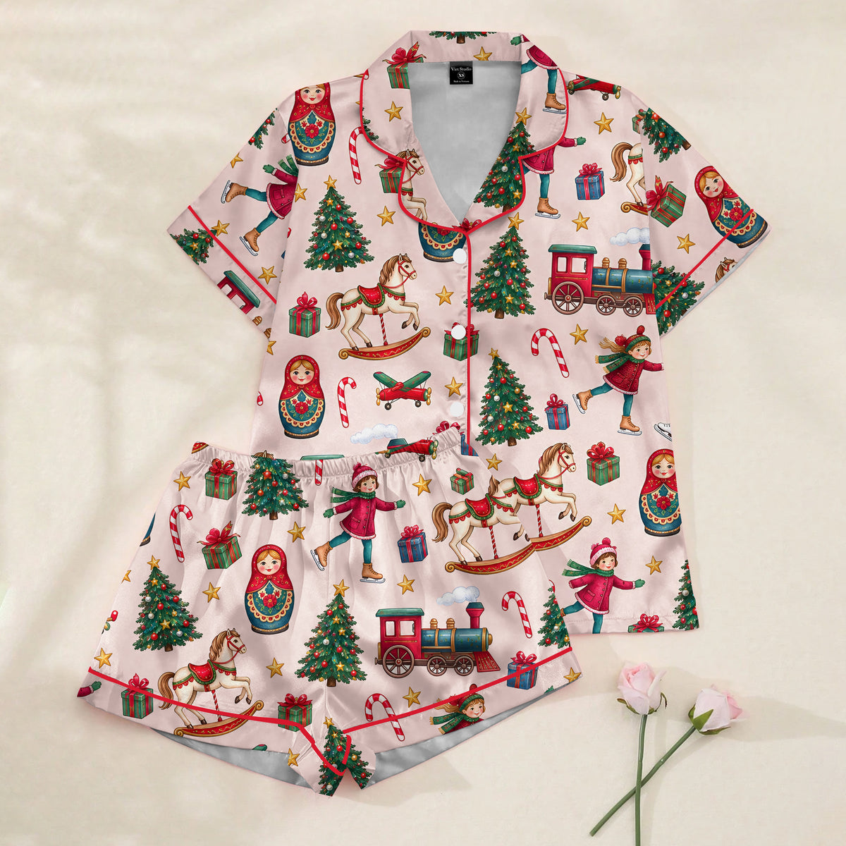 Christmas Toy Train Rocking Horse and Nesting Doll Print Short Sleeve Pajama Set