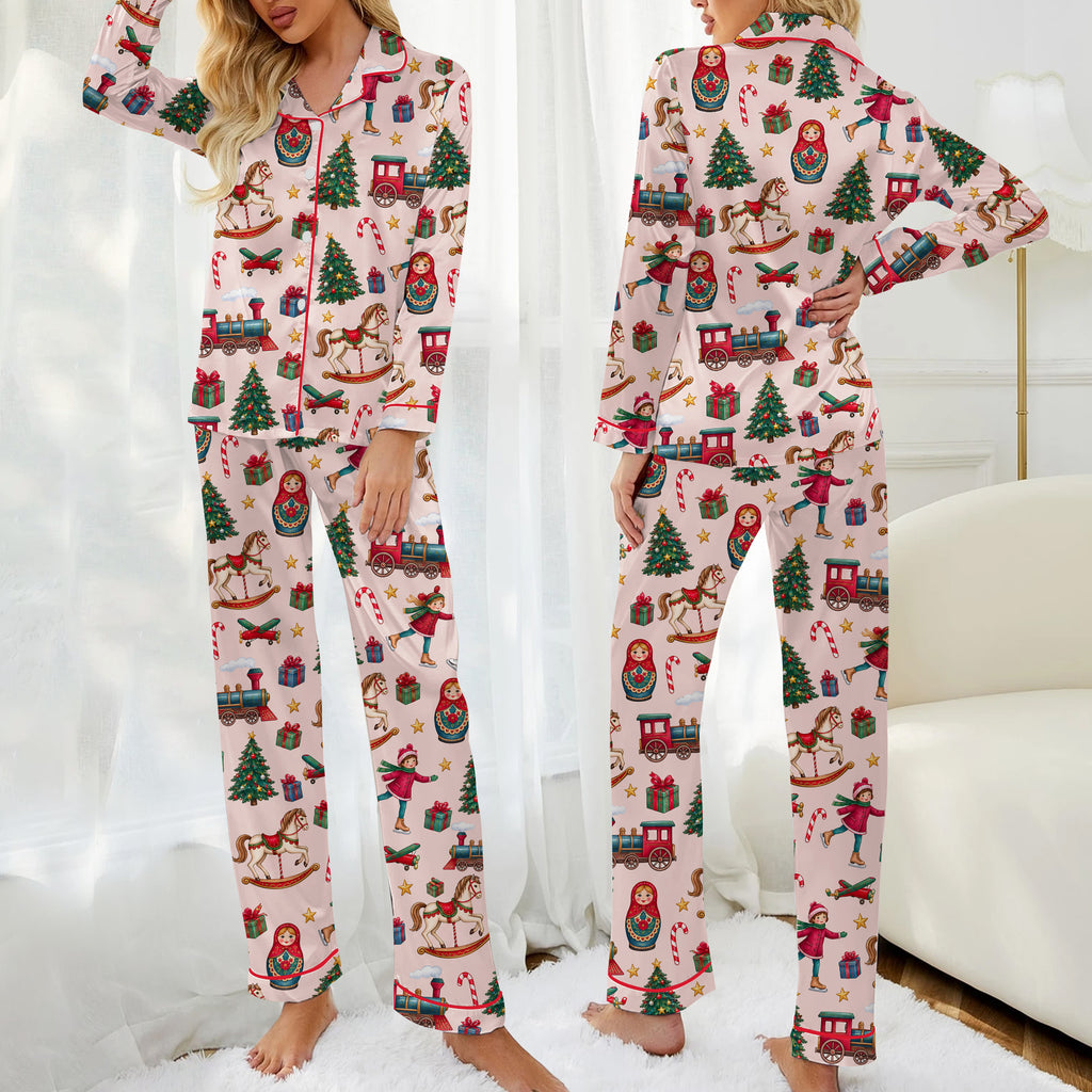 Christmas Toy Train Rocking Horse and Nesting Doll Print Long Sleeve Pajama Set