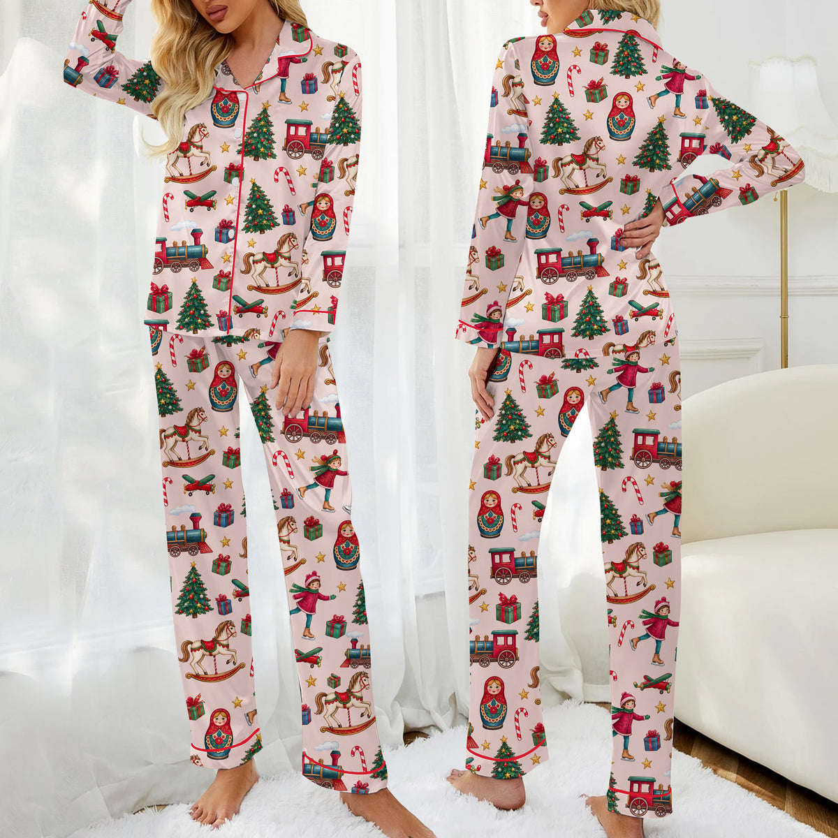 Christmas Toy Train Rocking Horse and Nesting Doll Print Long Sleeve Pajama Set