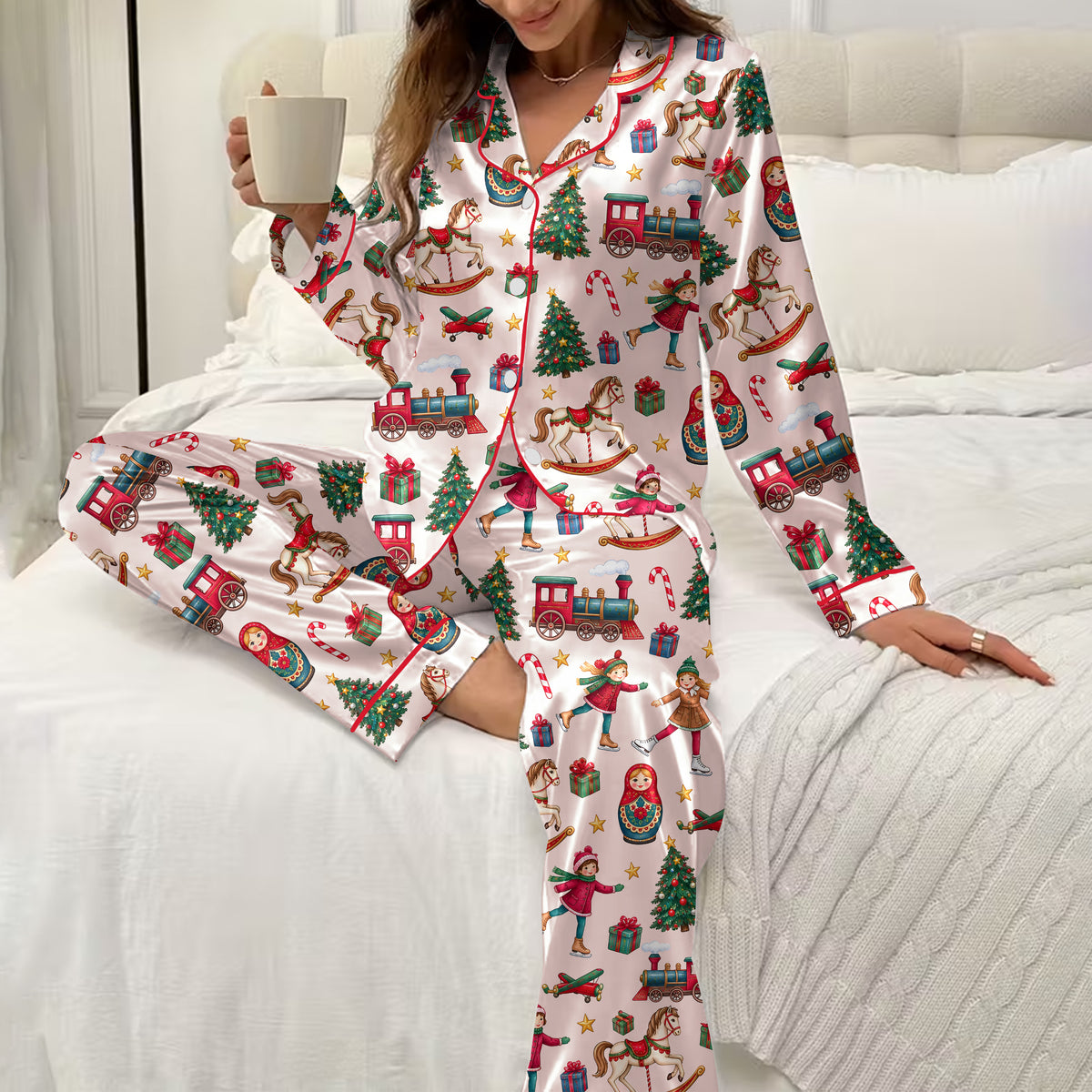 Christmas Toy Train Rocking Horse and Nesting Doll Print Long Sleeve Pajama Set