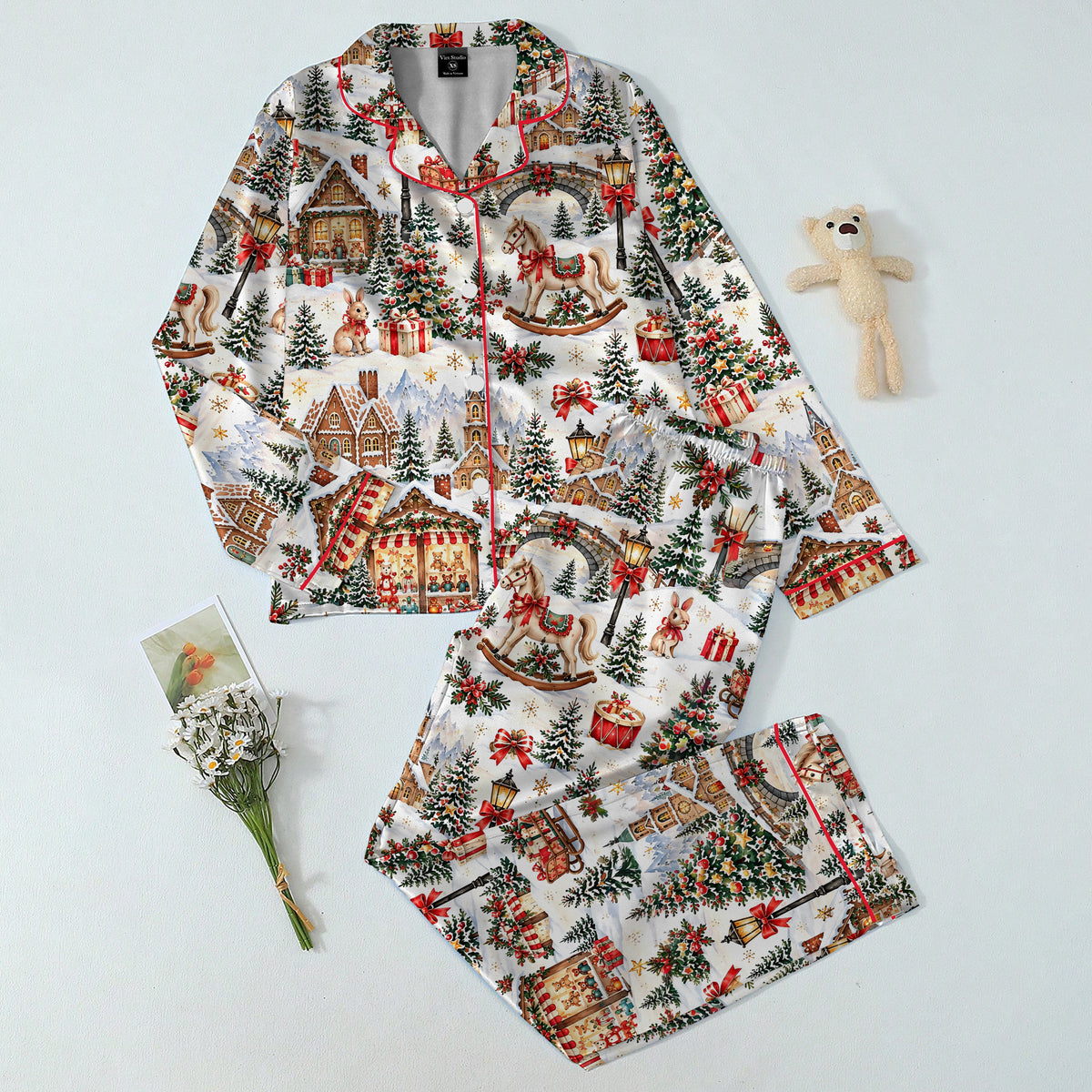 Christmas Village and Rocking Horse Print Long Sleeve Pajama Set