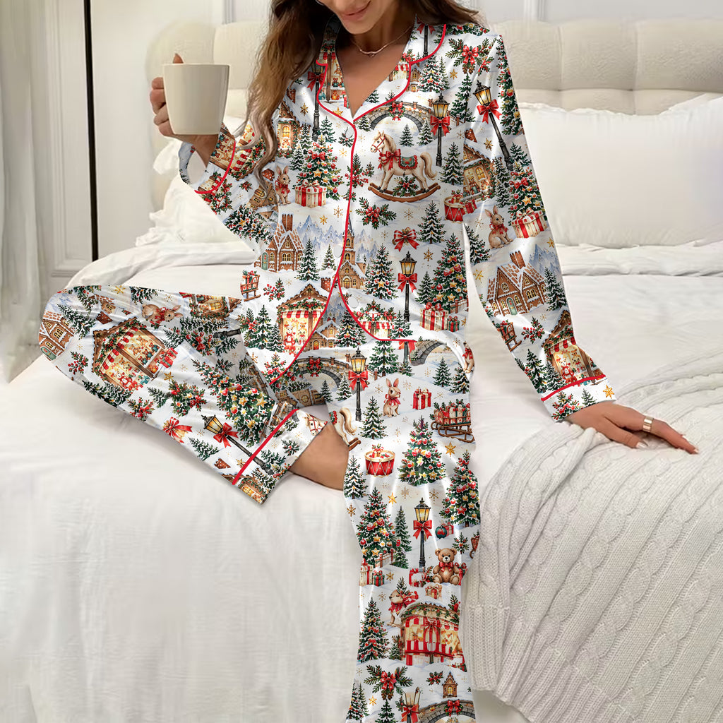 Christmas Village and Rocking Horse Print Long Sleeve Pajama Set