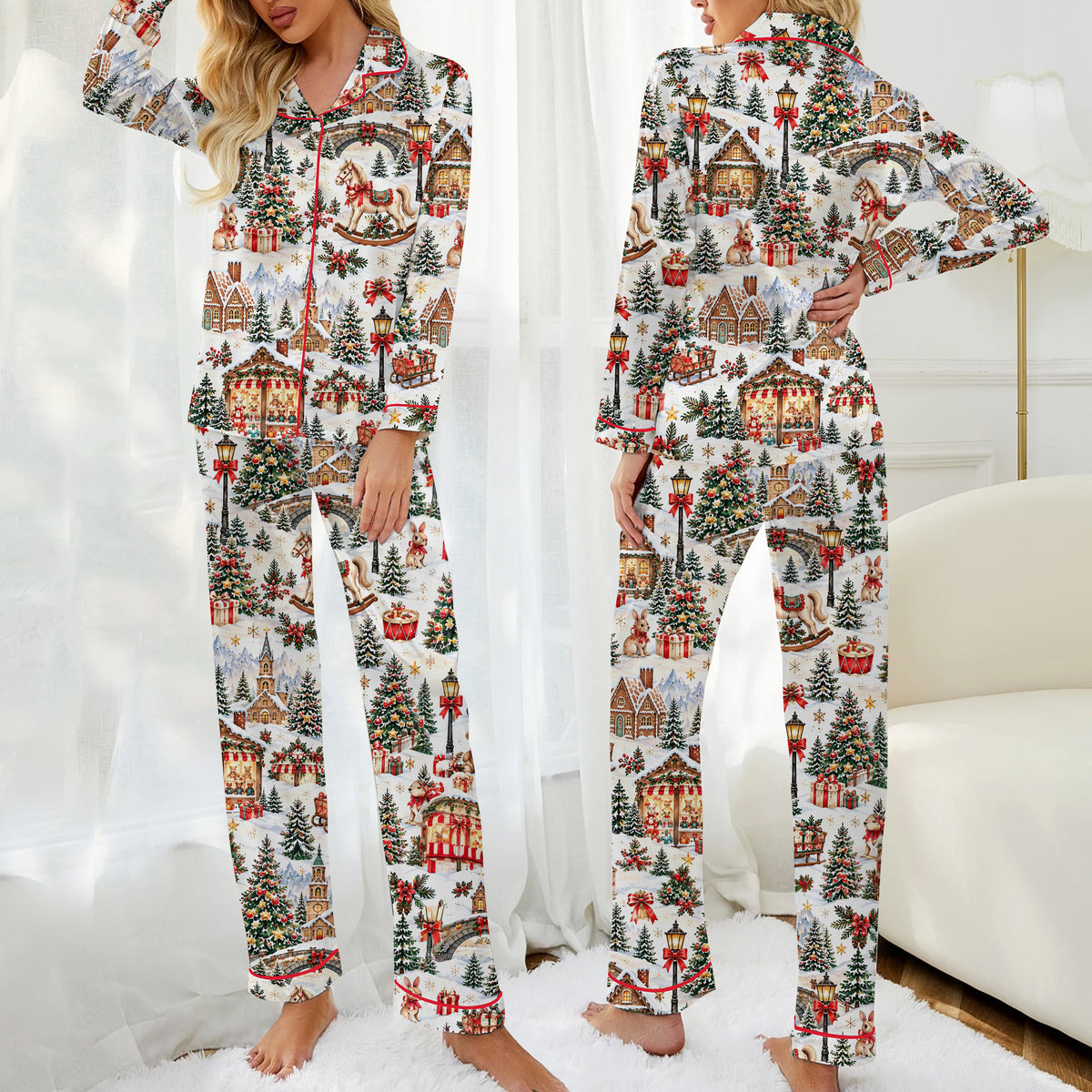 Christmas Village and Rocking Horse Print Long Sleeve Pajama Set