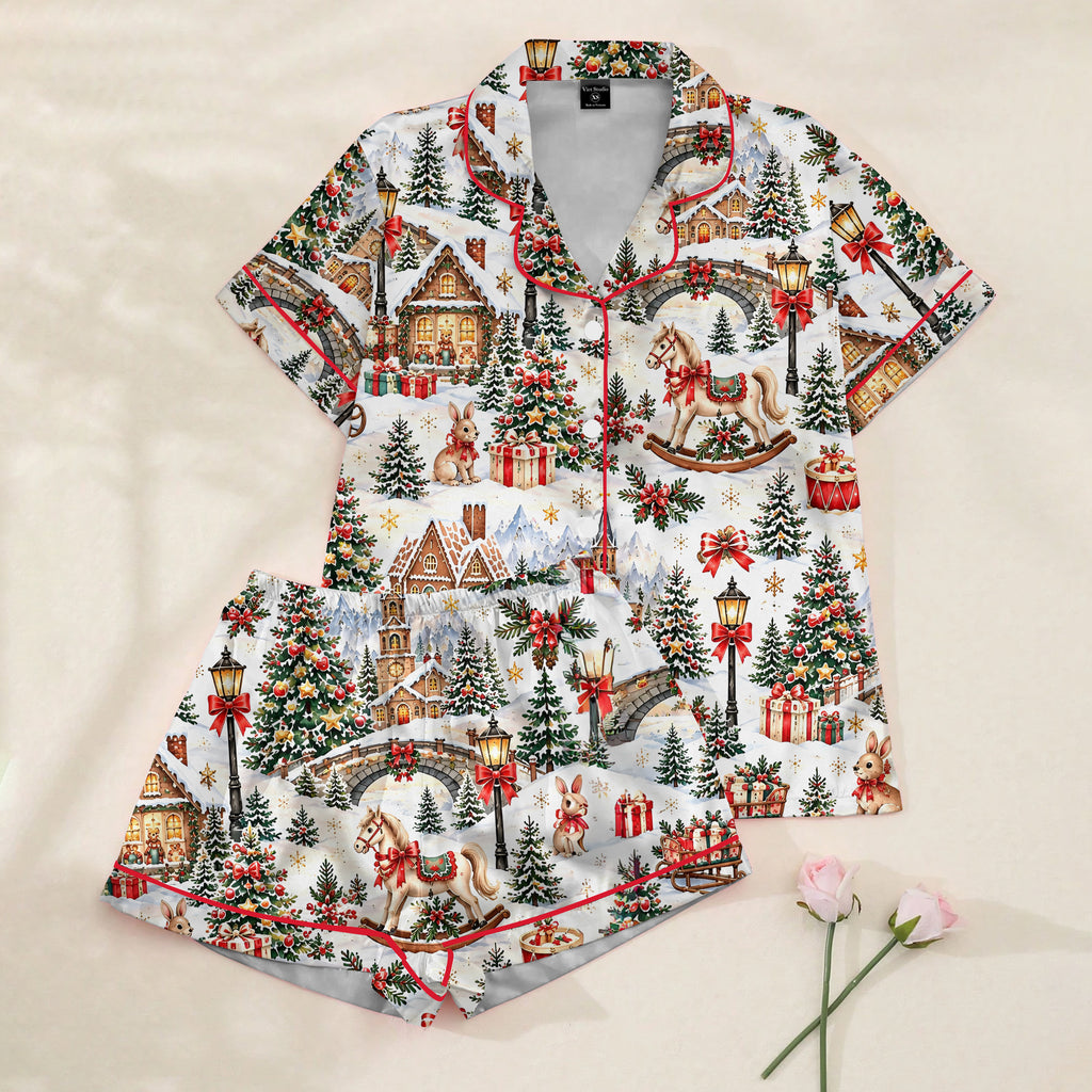 Christmas Village and Rocking Horse Print Short Sleeve Pajama Set