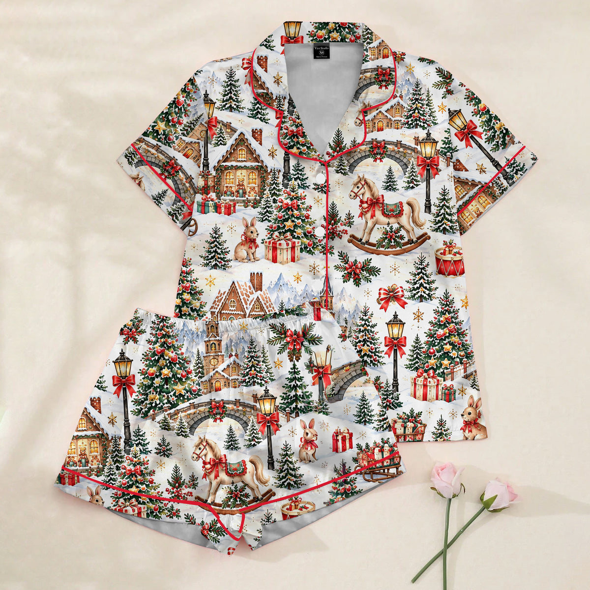 Christmas Village and Rocking Horse Print Short Sleeve Pajama Set