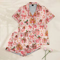 Christmas Gingerbread House Stocking and Bow Print Short Sleeve Pajama Set