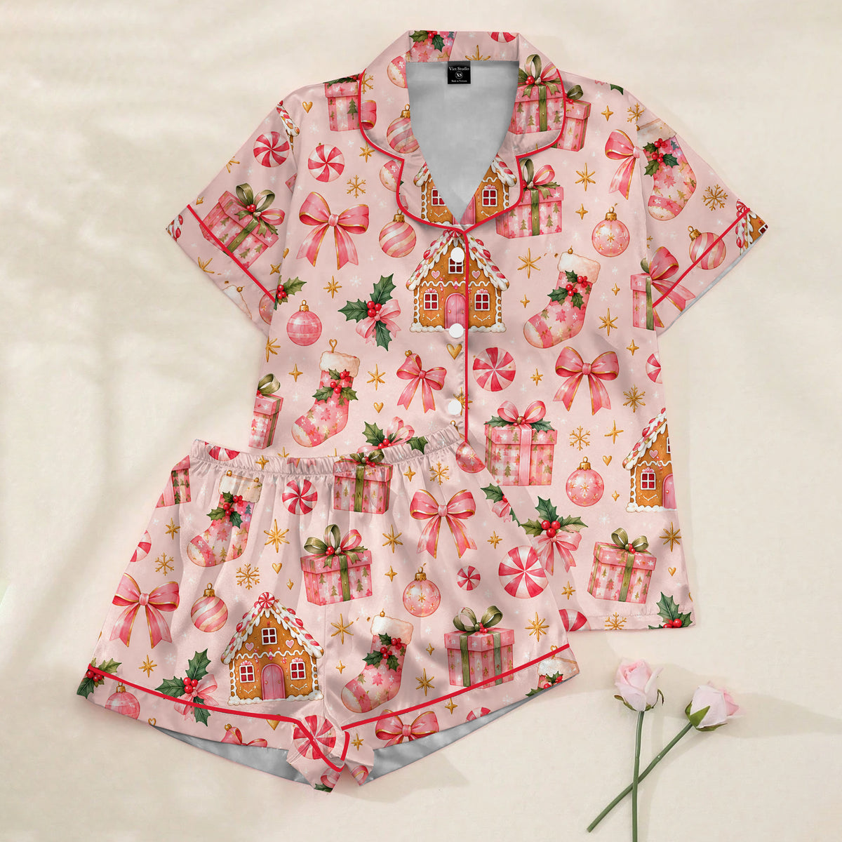 Christmas Gingerbread House Stocking and Bow Print Short Sleeve Pajama Set