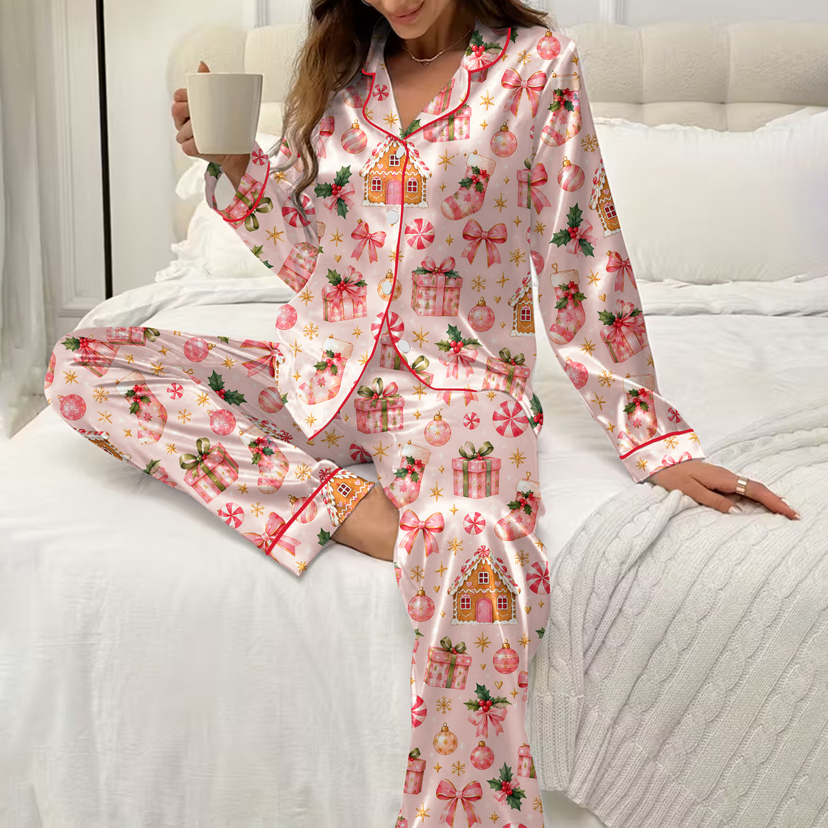 Christmas Gingerbread House Stocking and Bow Print Long Sleeve Pajama Set