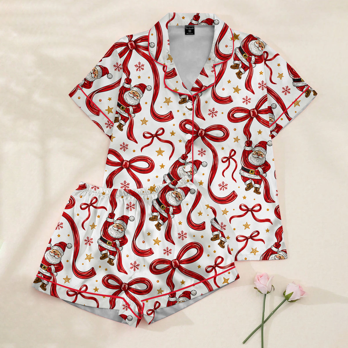 Christmas Santa Claus and Ribbon Bow Print Short Sleeve Pajama Set