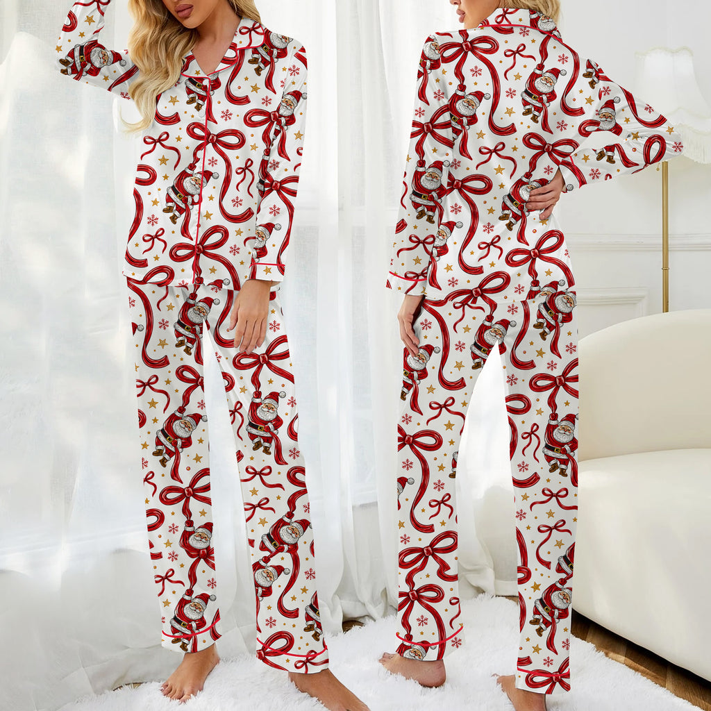 Christmas Santa Claus and Ribbon Bow Print Long Sleeve Pajama Set