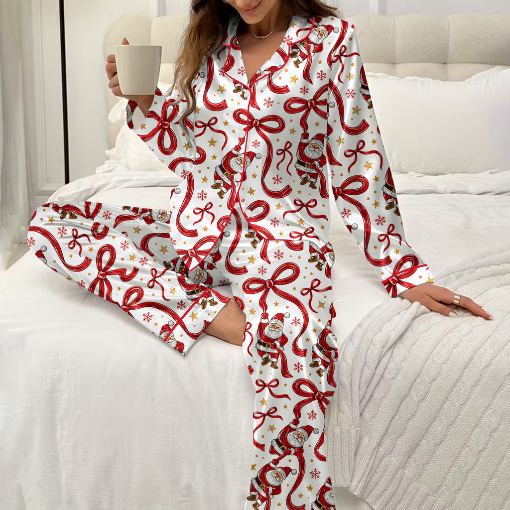 Christmas Santa Claus and Ribbon Bow Print Long Sleeve Pajama Set