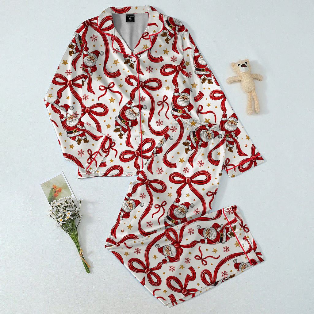 Christmas Santa Claus and Ribbon Bow Print Long Sleeve Pajama Set