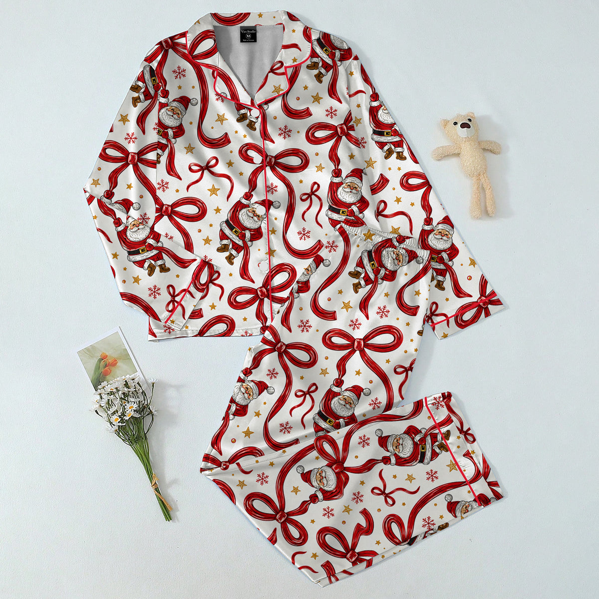 Christmas Santa Claus and Ribbon Bow Print Long Sleeve Pajama Set